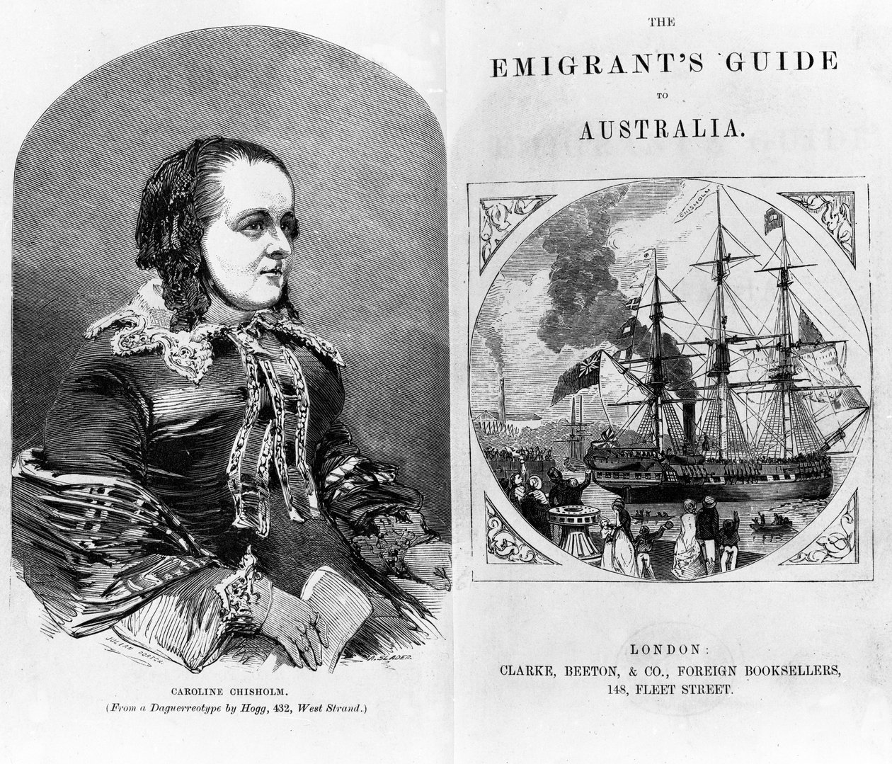 Página de título e frontispício de &39;O Guia do Emigrante à Austrália&39;, de Eneas Mackenzie (1778-1831), publicado por Clarke, Beeton und Co., 1853 de English School
