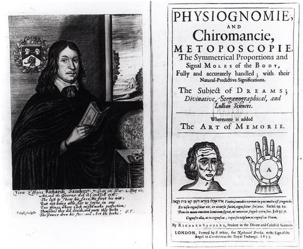 Página de título de Physiognomie and Chiromancie: A arte da memória de Richard Sanders, com um retrato do autor, publicado em 1653 de English School