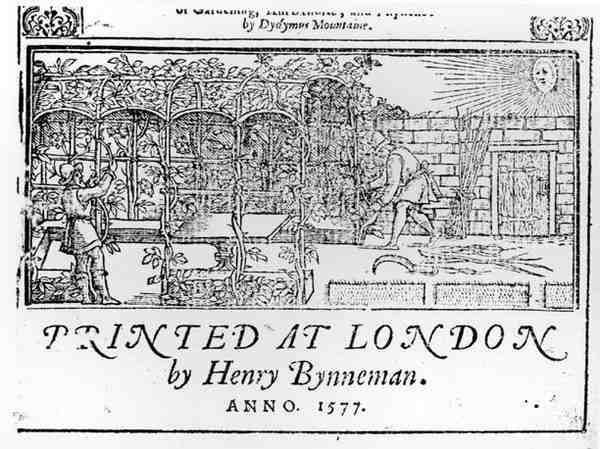 Titlepage de um livro sobre jardinagem por Dydymus Mountaine, pub. em 1577 de English School