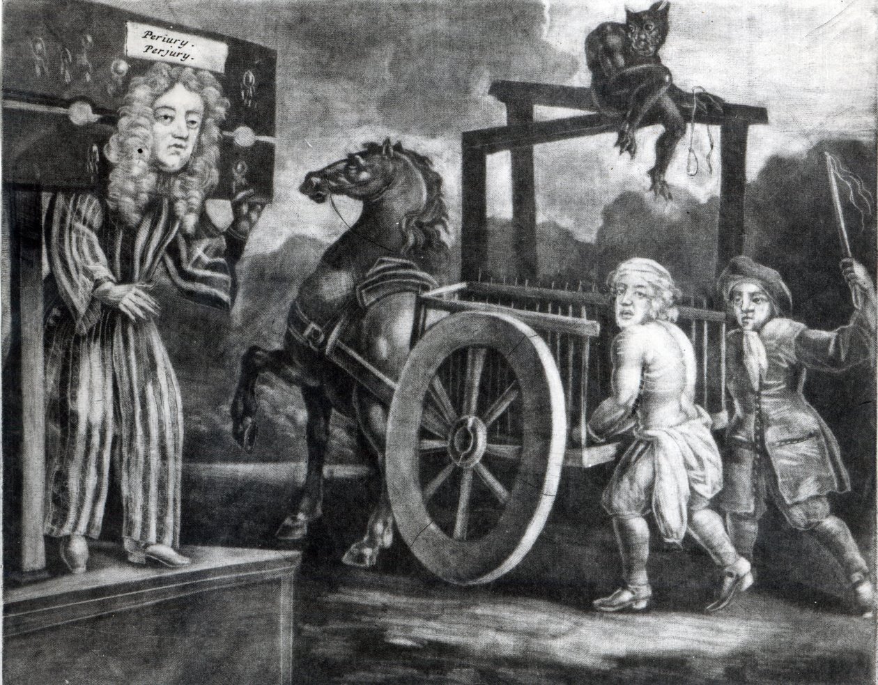 Titus Oates no terceiro dia de sua punição em 1685, quando foi despido, amarrado a um carrinho e levado de Aldgate para Newgate de English School