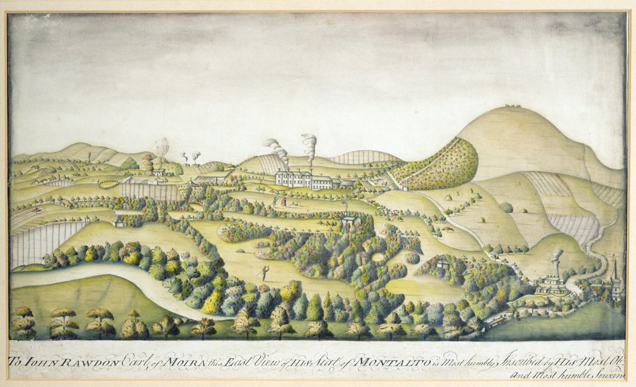 Para John Rawdon, conde de Moira, esta visão do leste de sua sede de Montalto, c.1800 (caneta e wc) de English School