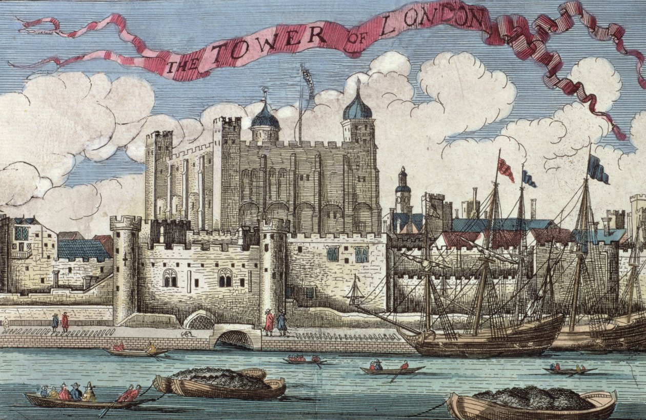 Torre de Londres vista do rio Tâmisa, de "Um livro das perspectivas dos lugares notáveis em e sobre a cidade de Londres", c.1700 de English School