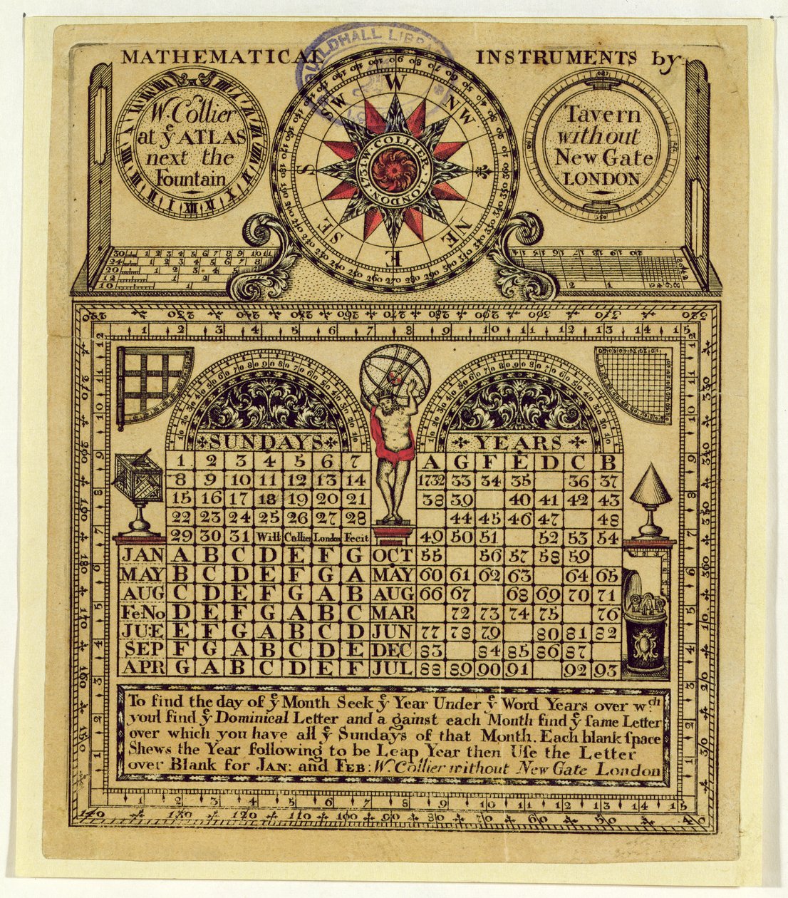 Cartão de comércio de W. Collier, fabricante de instrumentos matemáticos, 1731 de English School