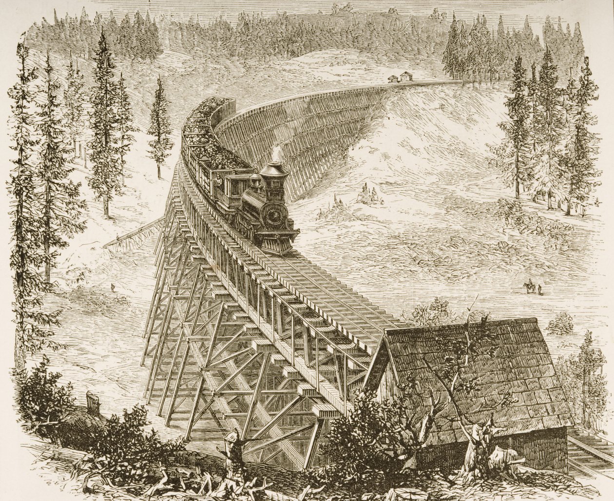 Trestle Bridge, na Ferrovia do Pacífico, Sierra Nevada, c.1870, da &39;American Pictures&39;, publicado pela The Religious Tract Society, 1876 de English School