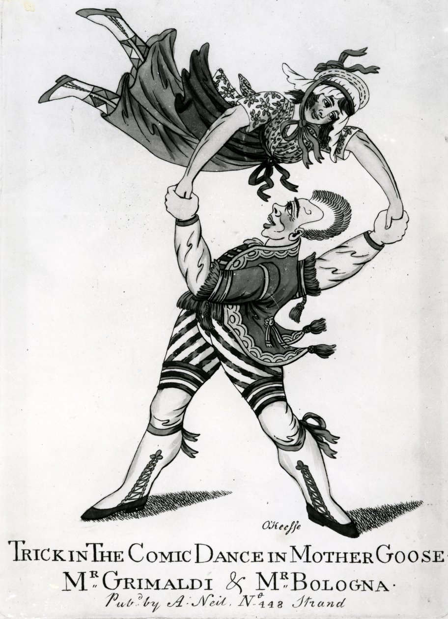 Truque na Comic Dance em Mother Goose - Mr Grimaldi und Mr Bologna, impressão feita por O&39;Keeffe, c.1805 de English School