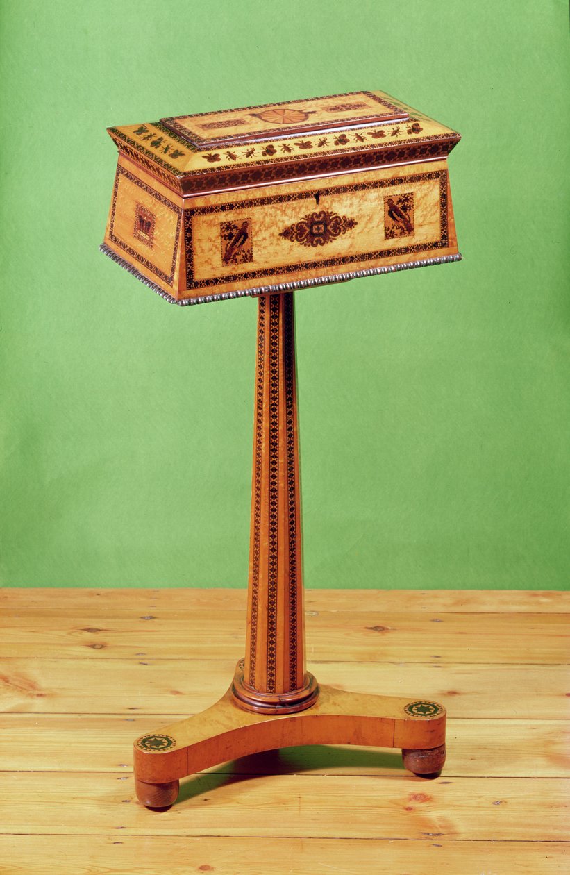 Tunbridge-ware tea poy, possivelmente por G. und J.Burrows c.1830 de English School