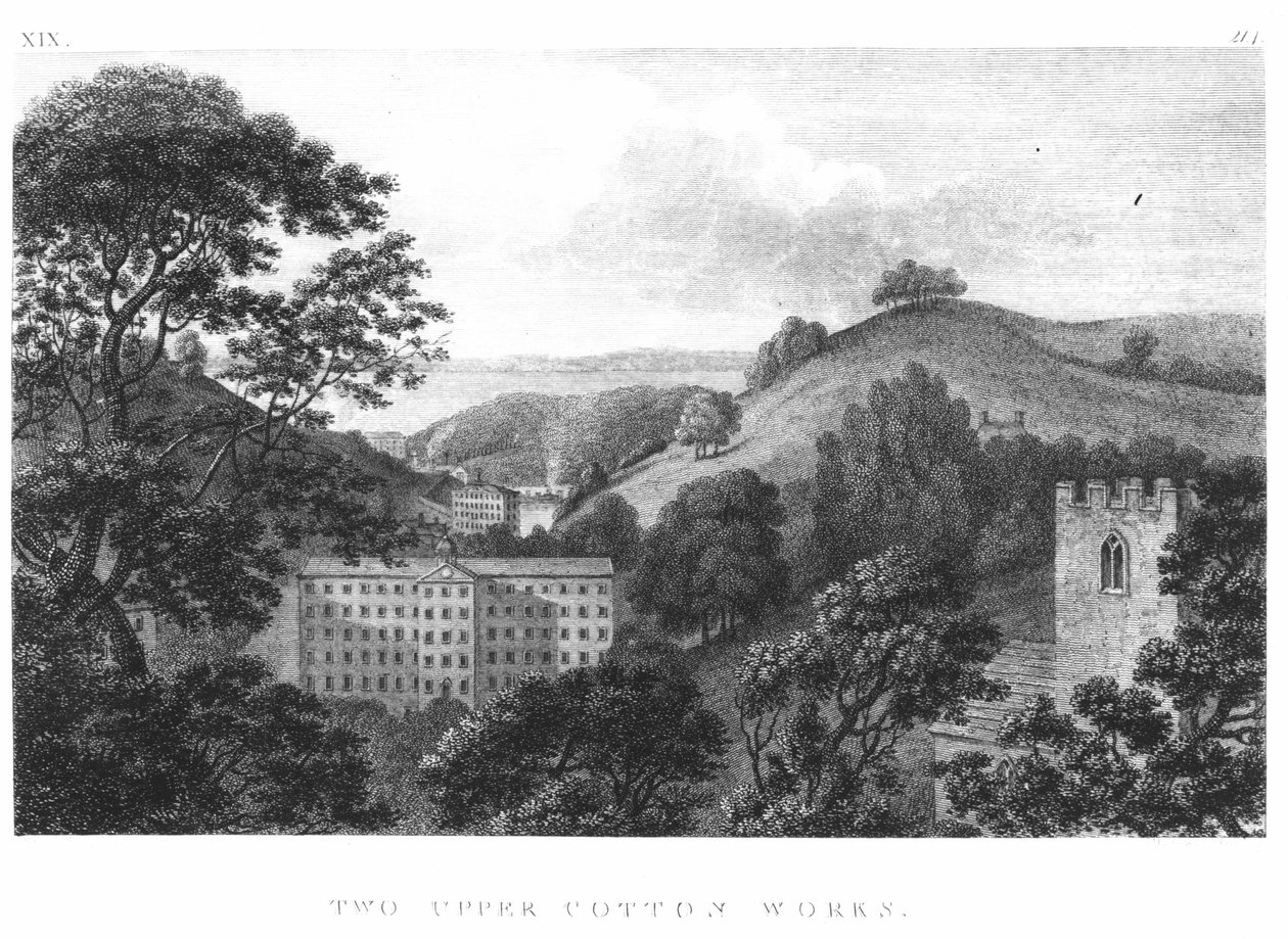 Duas obras de algodão superior, novas fábricas de têxteis Lanark, 1796 de English School