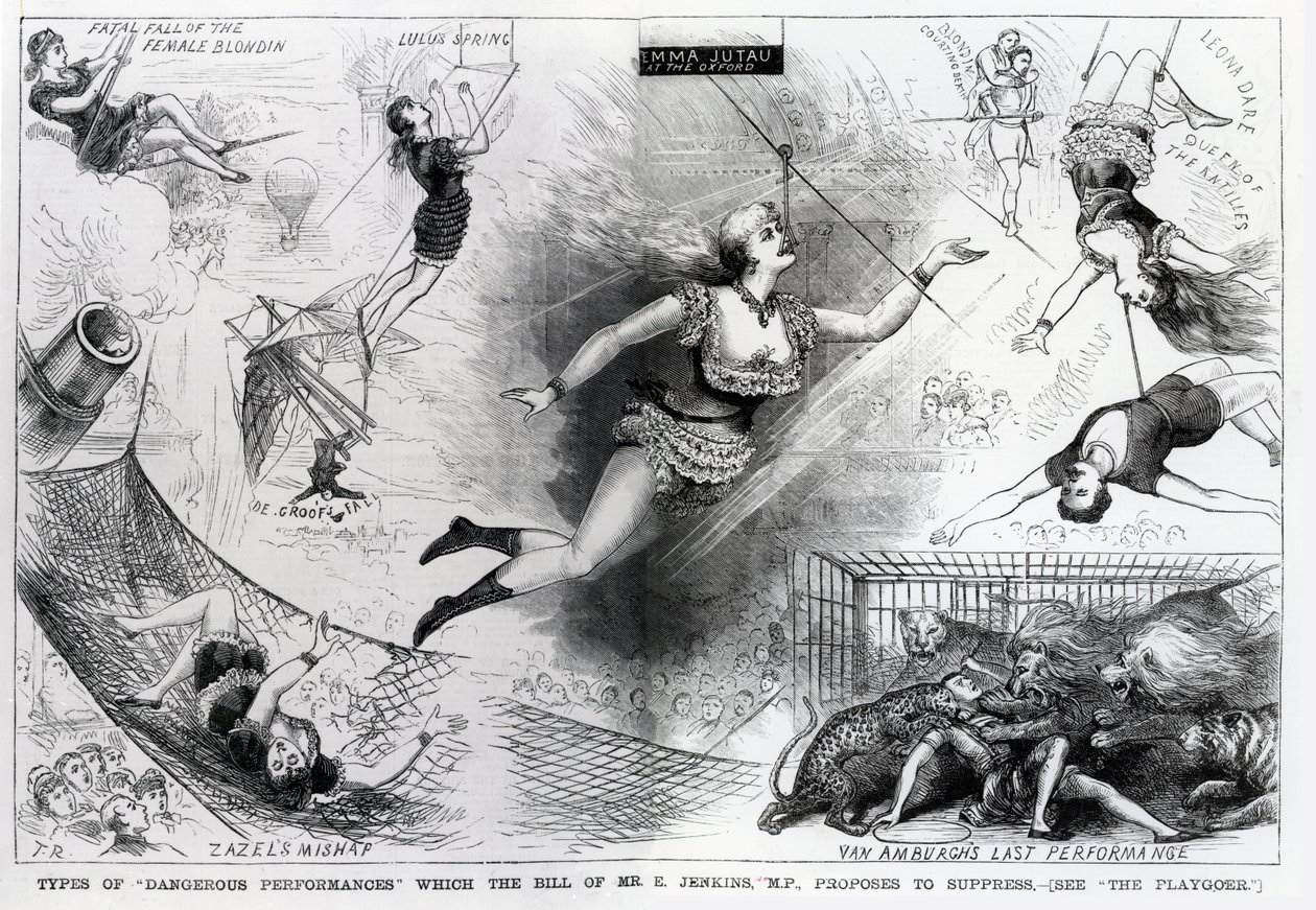 Tipos de &39;Performances Perigosas&39; que o projeto de lei do Sr. E. Jenkins, MP propõe suprimir, ilustração de &39;The Penny Illustrated Paper&39;, 12 de março de 1880 de English School