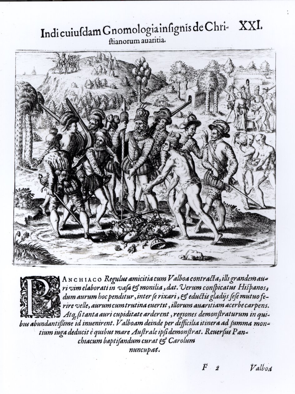Vasco Nunez de Balboa (1475-1519) Demonstrando a avareza dos cristãos de English School