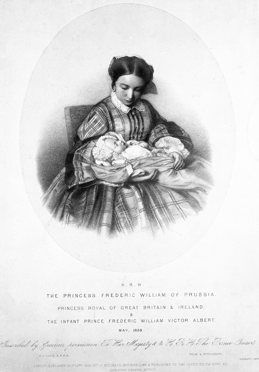 Victoria, a princesa real (1840-1901) com seu filho, príncipe Frederick William Victor Albert, maio de 1859, de uma fotografia de English School