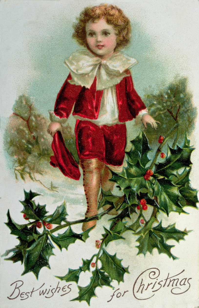 Postal de Natal vitoriano, retratando um menino em vermelho na neve de English School