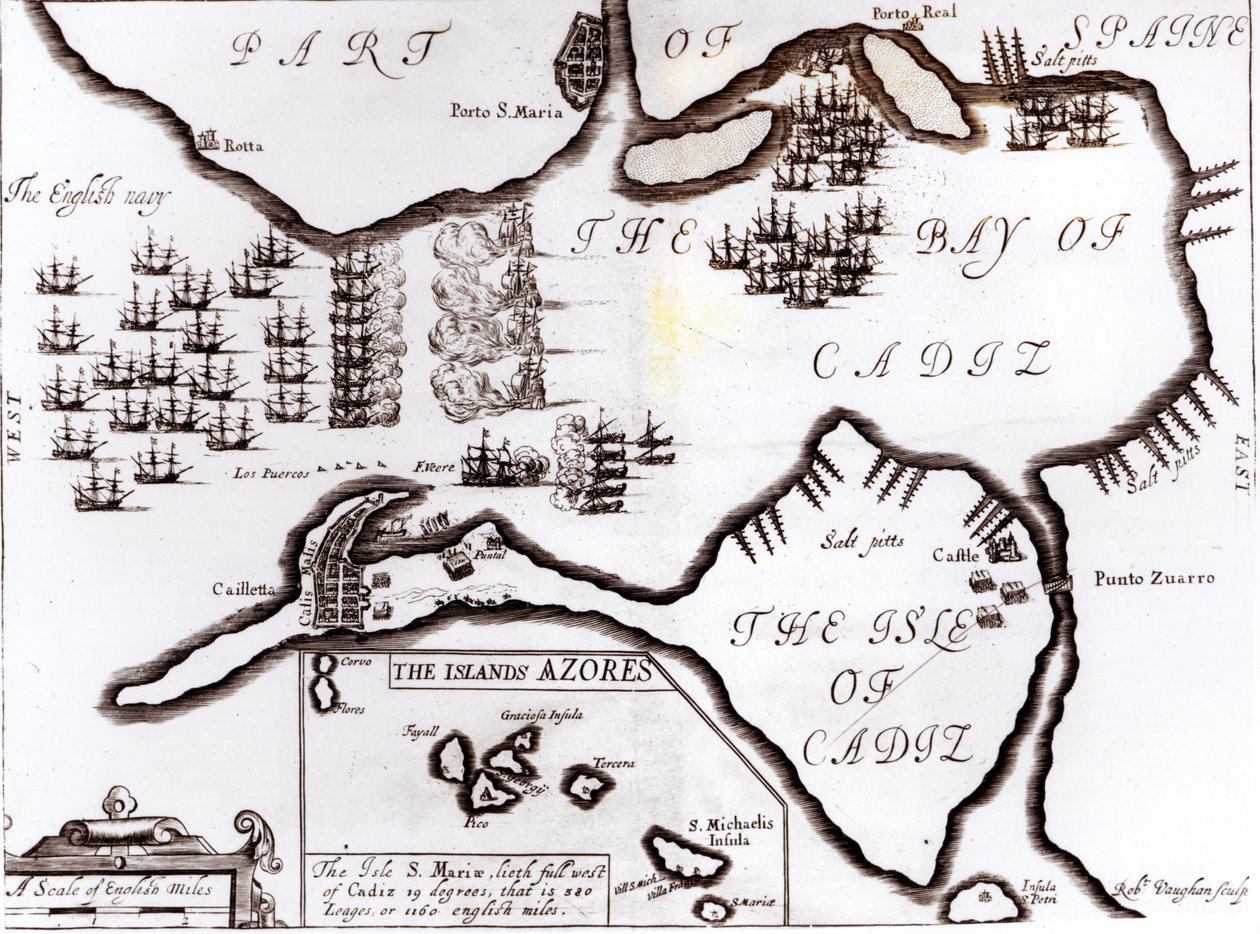 Vitória da Marinha Real Inglesa na Baía de Cádiz, gravada por Robert Vaughan (fl.1622-78) de English School