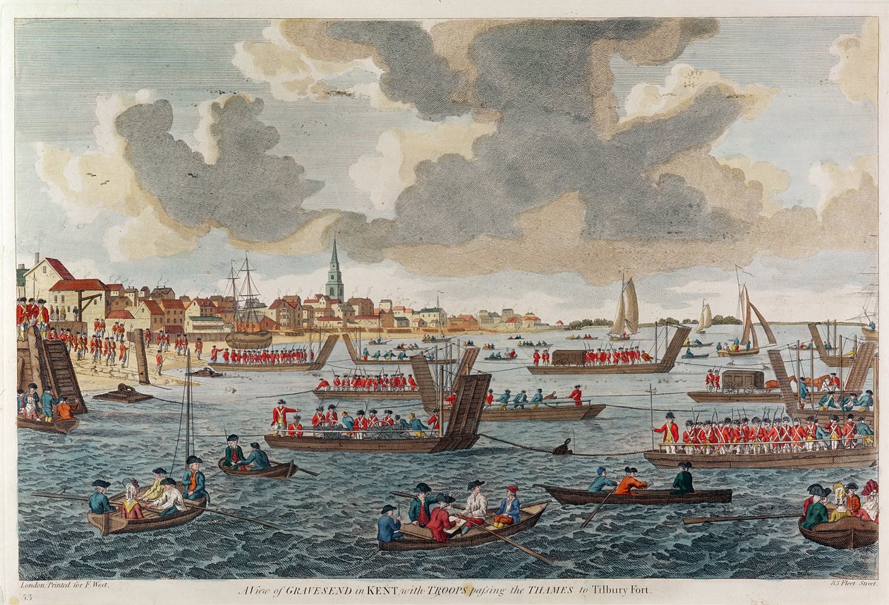 Vista, de, Gravesend, com, tropas, cruzamento, a, thames, para, Tilbury, forte de English School