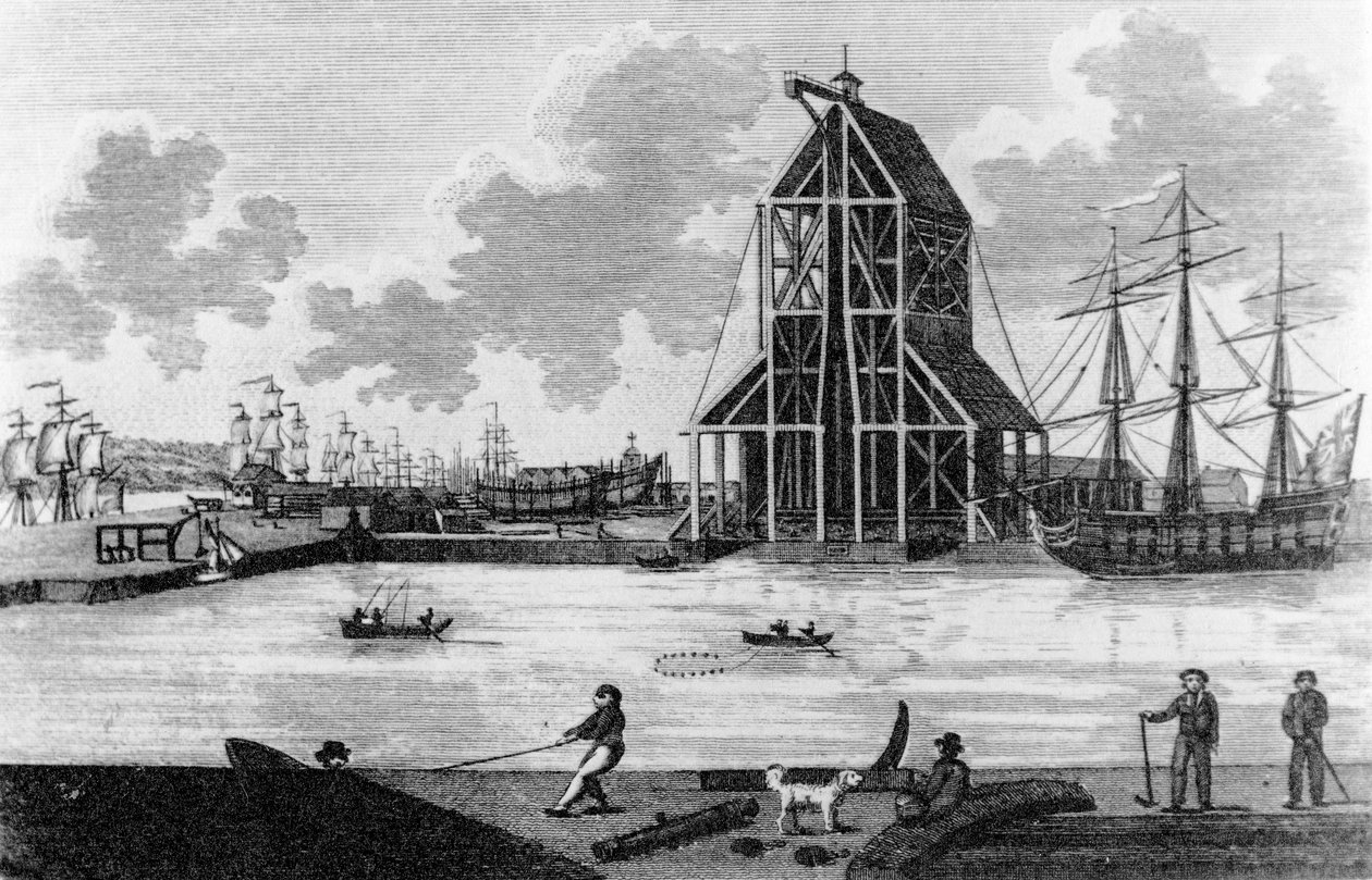 Vista da doca do Sr. Perry em Blackwall, c.1789 de English School