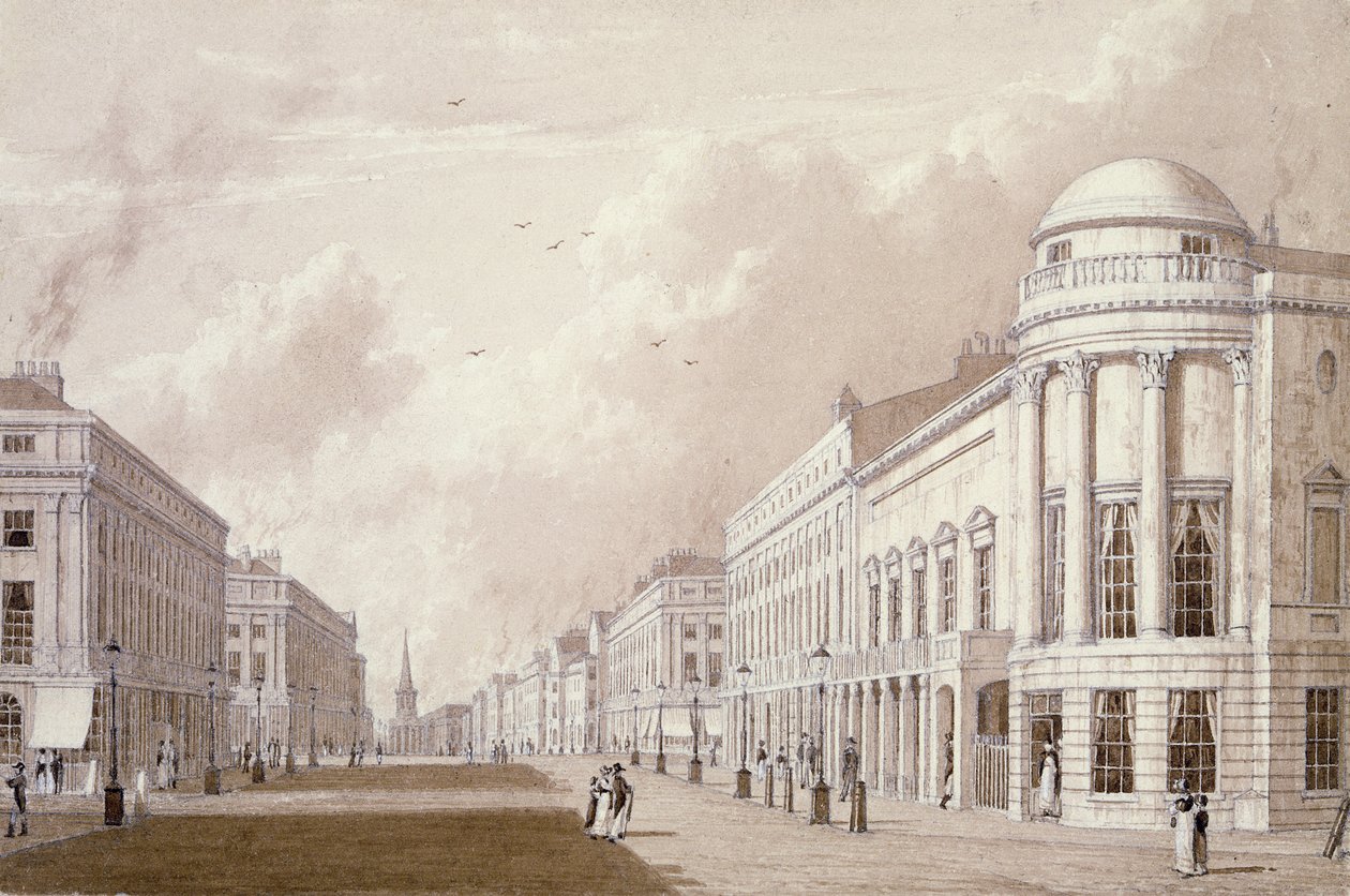 Vista da Regent Street, 1825 (lápis de tinta no papel) de English School