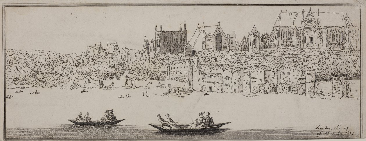 Vista da Abadia de Westminster e o Palácio de Westminster do Rio Tamisa com barcos em primeiro plano, c.1750 (gravura e aquatinta) de English School