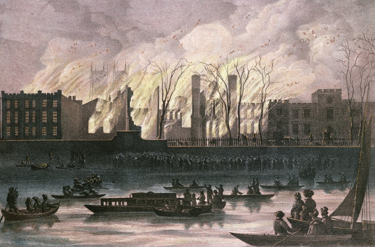 Vista de um incêndio no Whitehall Palace (pastel sobre papel) de English School