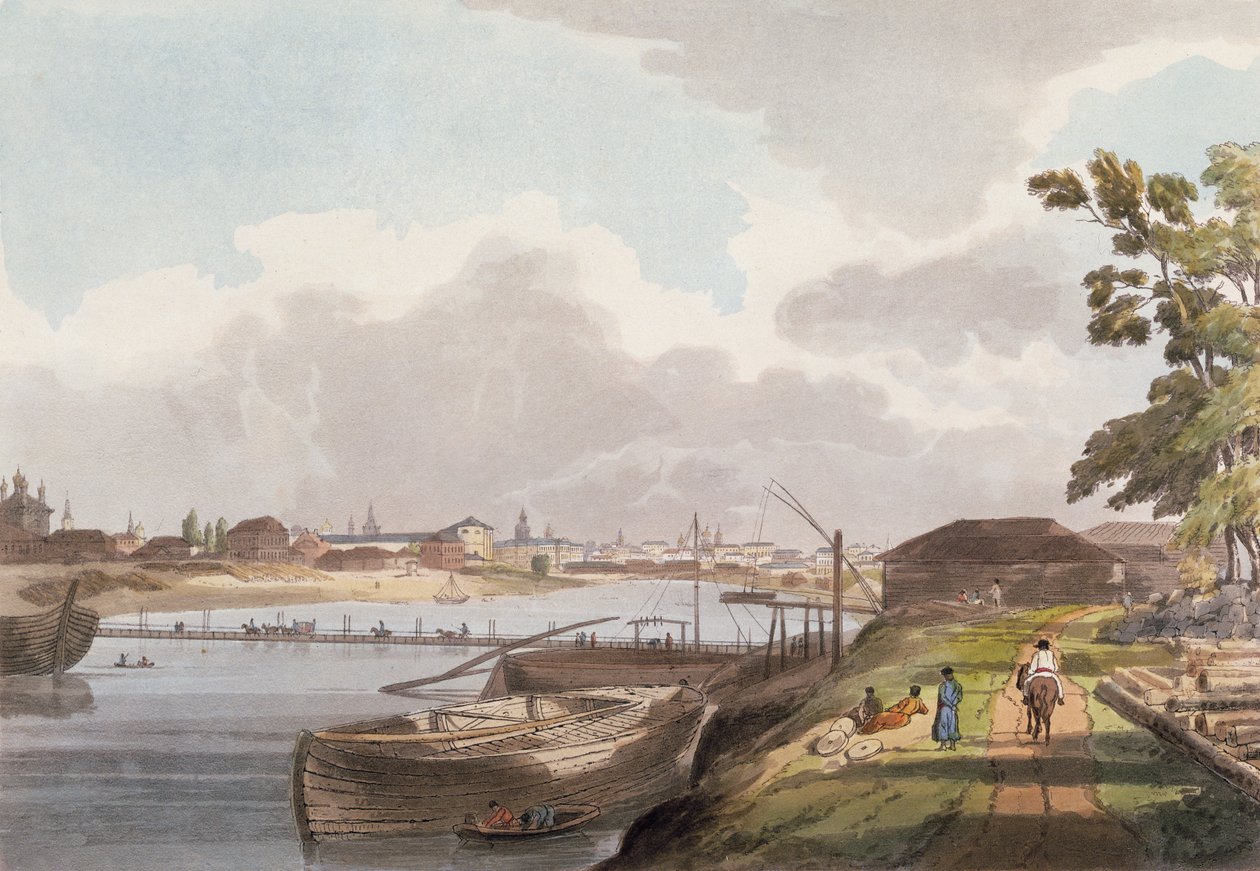 Vista da cidade de Moscou dos bancos do Mosqua e perto do convento dos termas na Novoi, placa 2 do esboço histórico de Moscovo, bar. por Rudolph Ackermann (1764-1834) 1813 (aquatinta) de English School
