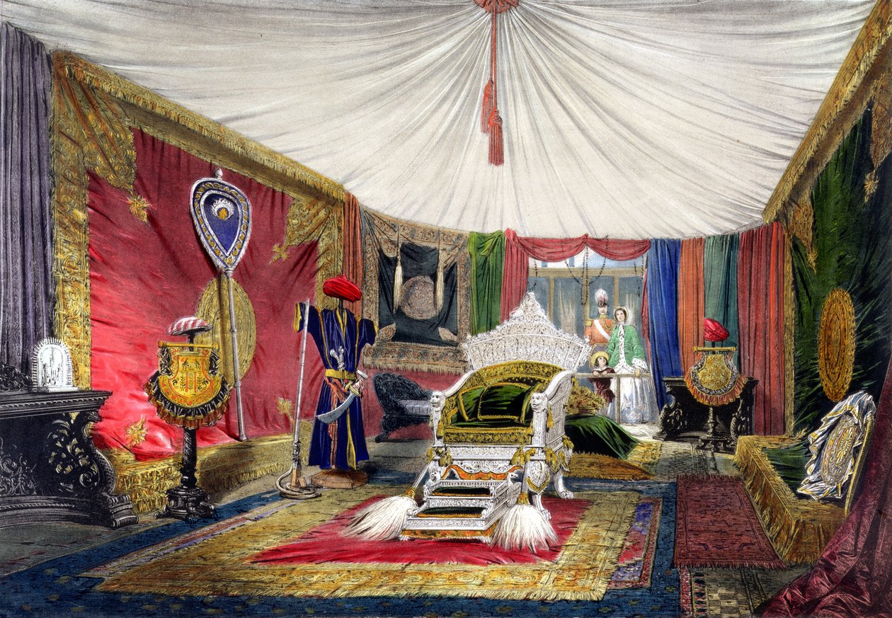 Vista da sala de tenda e trono esculpido em marfim, na seção Índia da Grande Exposição de 1851, da Dickinsons Comprehensive Pictures (lito colorido) de English School
