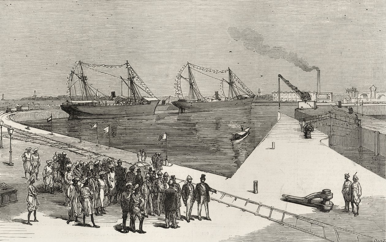 Visita do vice-rei da Índia ao porto de Sassoon, em Bombaim, de "The Illustrated London News", 25 de dezembro de 1875 de English School