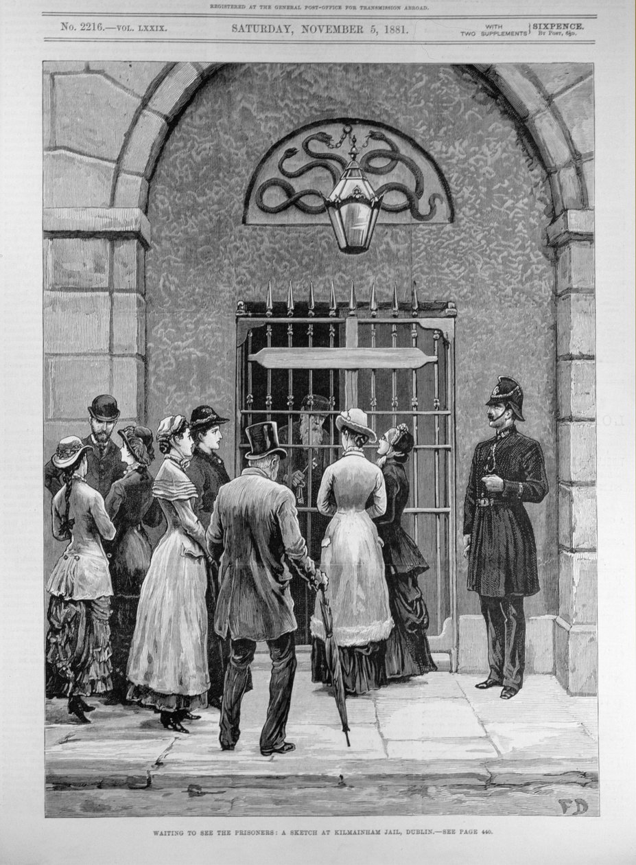 Esperando para ver os prisioneiros; Um esboço na prisão de Kilmainham, em Dublin, de "The Illustrated London News", 11 de maio de 1881 de English School