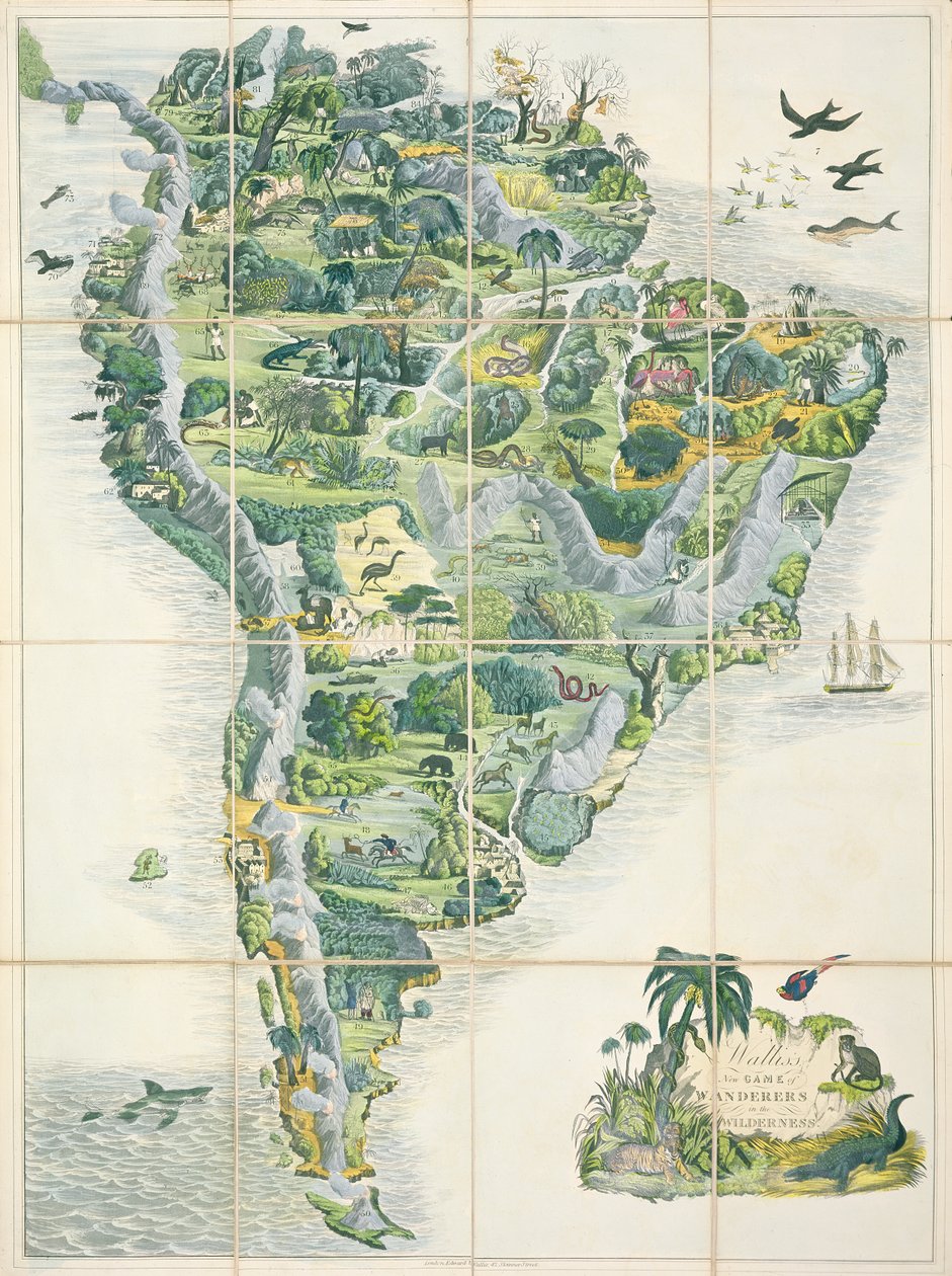 Novo Jogo de Waller&39;s Wanderers in the Wilderness, jogo de tabuleiro, publicado por Edward Wallis, c.1844 (aquatinta colorido à mão a bordo) de English School