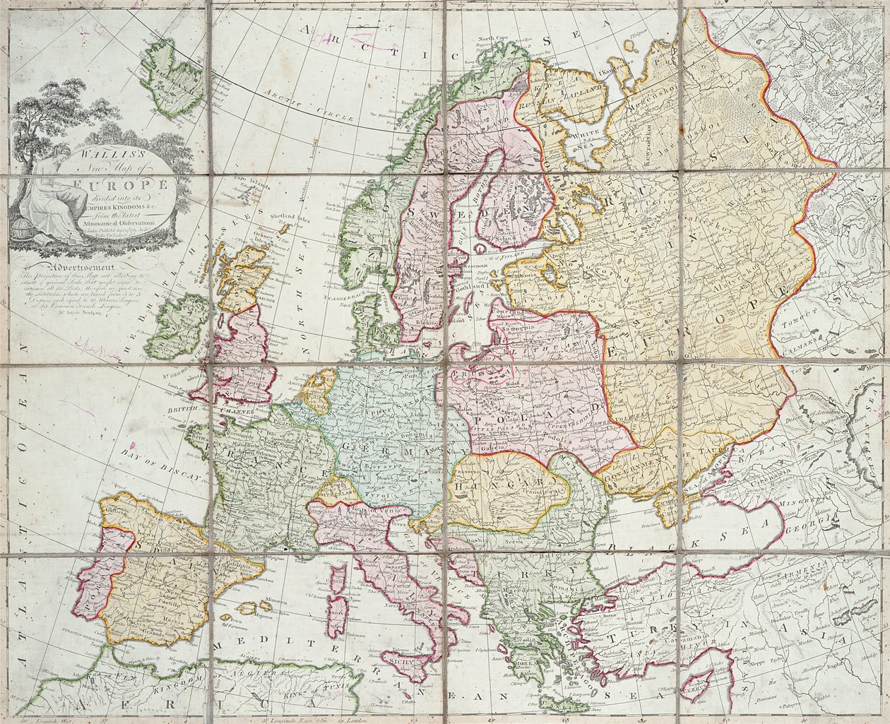 Novo mapa de Wallis da Europa Dividido em seus reinos impérios undc, 1789 (gravura colorida à mão) de English School