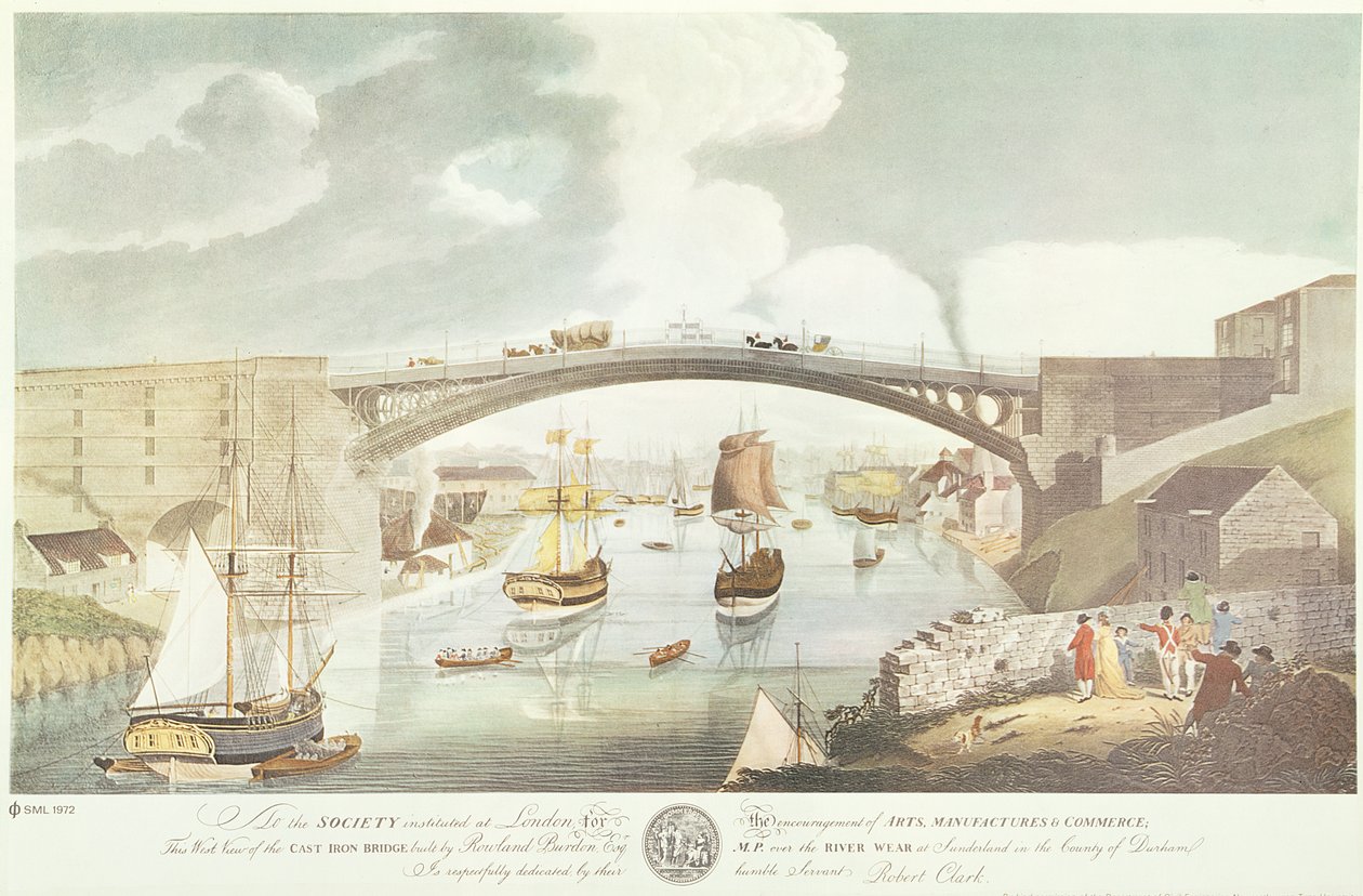 Vista oeste da ponte de ferro fundido construída por Rowland Burdon Esq., MP, sobre o desgaste do rio em Sunderland, c.1796 (gravura colorida à mão) de English School
