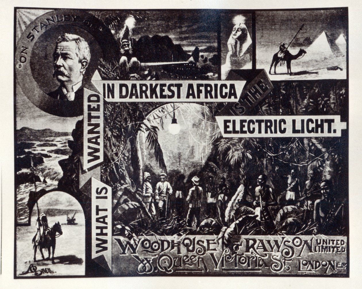 &39;O que é procurado no escuro da África é a luz elétrica&39;, anúncio de Woodhouse und Rawson ltd de English School