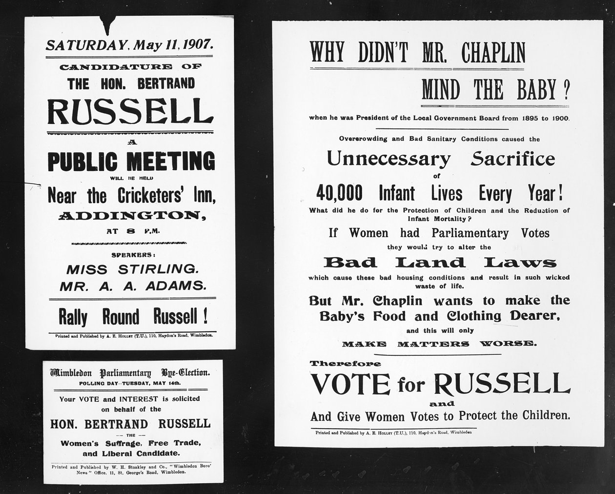 "Por que o sr. Chaplin não se importou com o bebê", pôsteres da campanha eleitoral de Bertrand Russell, 1907 (impresso) de English School