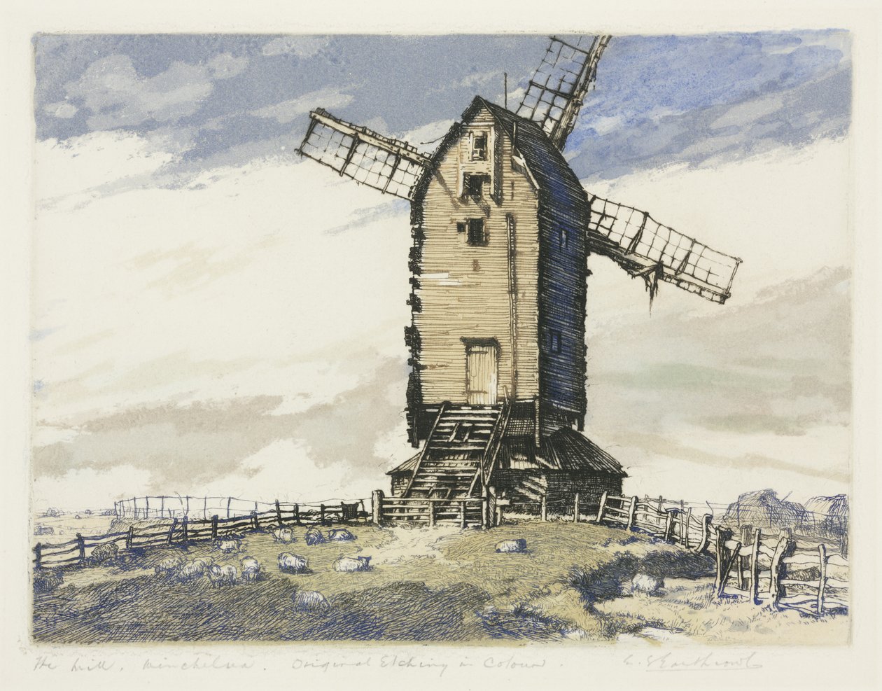 Moinho de vento, Winchelsea, East Sussex (mezzotint colorido) de English School