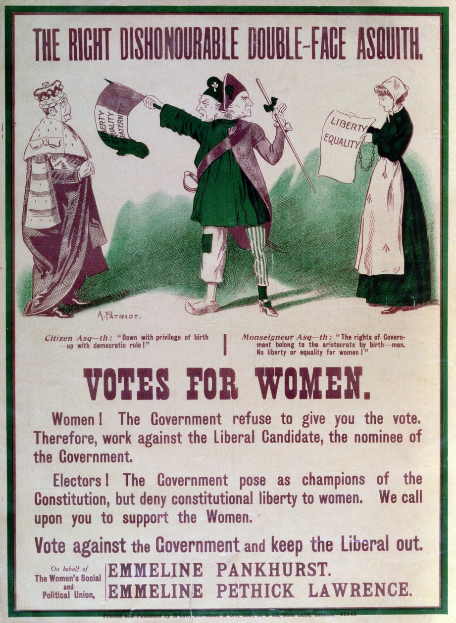 Cartaz do sufrágio das mulheres O Asquith desonroso direito de duas caras, c.1910 de English School