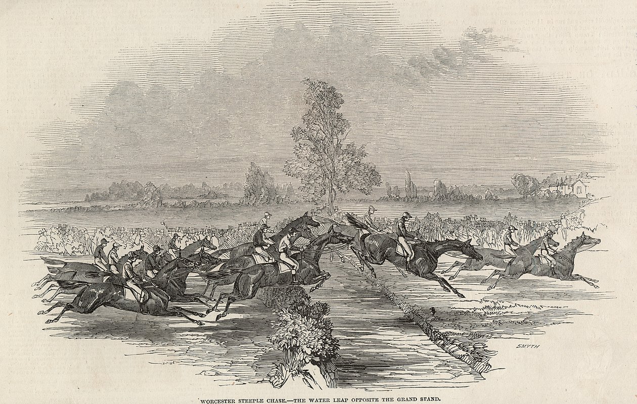 Worchester Steeple Chase: o salto da água em frente ao Grand Stand, de "The Illustrated London News", 26 de abril de 1845 de English School