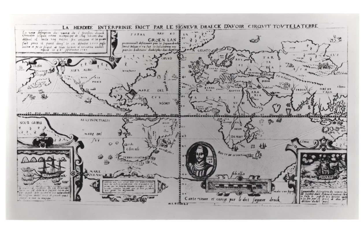Mapa do mundo detalhando as expedições e a circum-navegação global de Sir Francis Drake (c.1540-96) 1577-2580 de English School