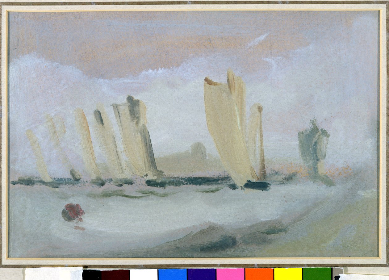 Yacht Racing no Solent, anteriormente atribuído a JMW Turner (1775-1851) e também atribuído a Peter de Wint (1784-1849), c.1827 (óleo sobre papel) de English School