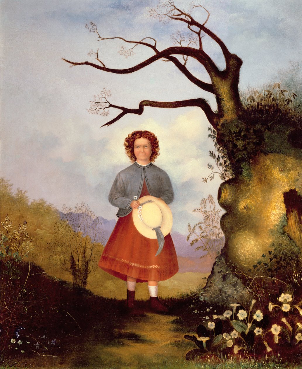 Moça em uma paisagem com prímulas, c.1850 de English School