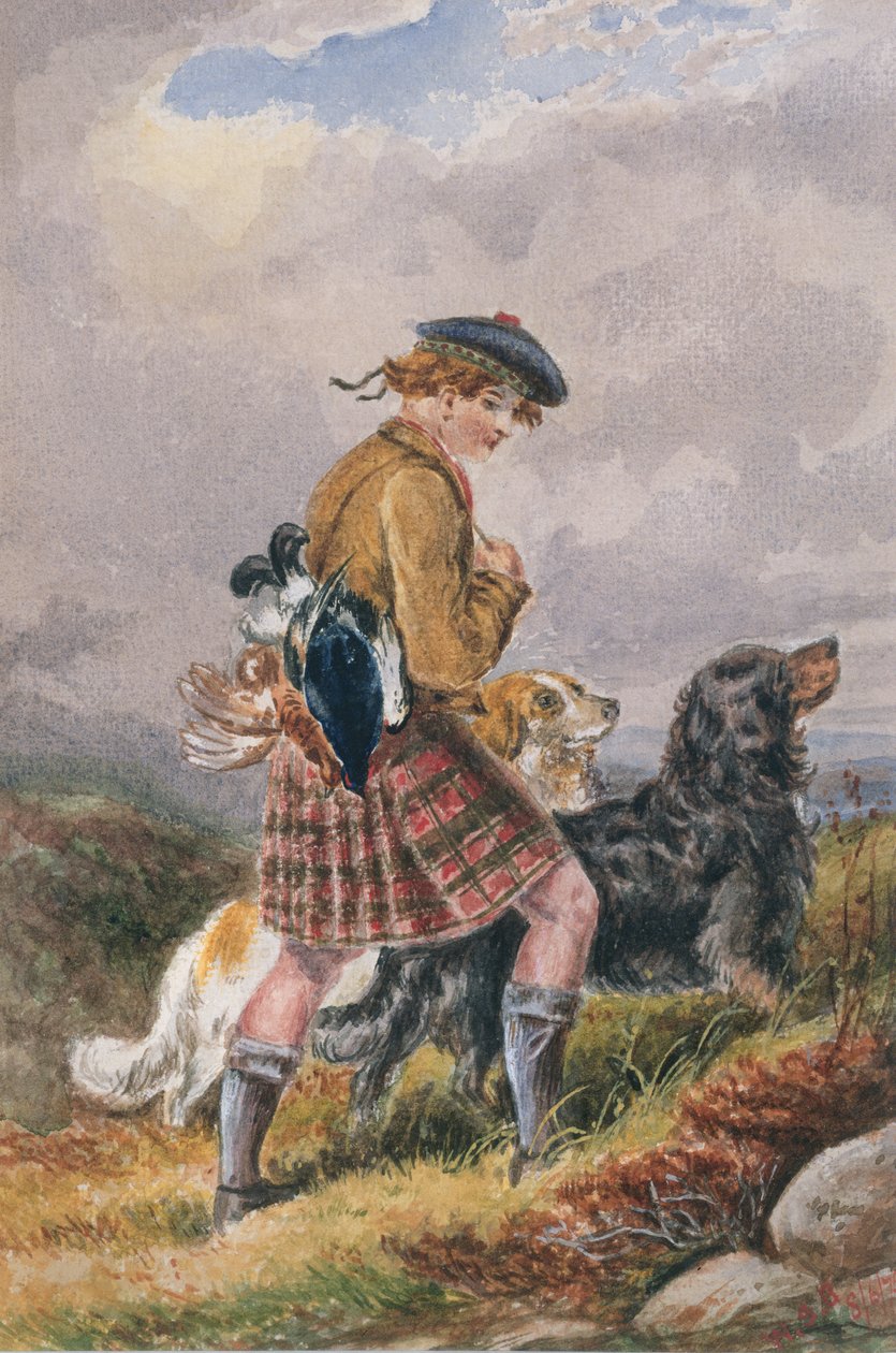 Jovem Guarda-caça Escocês com Jogo Morto, c.1865 (wc no papel) de English School