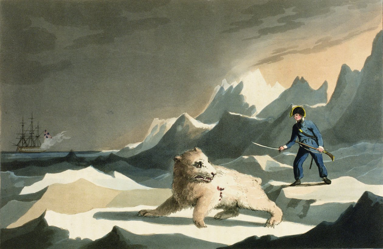 Intrepidez Juvenil: Young Nelsons Ataque e Perseguição após um Urso Polar quando com o Capitão Lutwidge em sua viagem de descoberta em direção ao Pólo Norte de Edward Ormes História Gráfica da Vida de Nels de English School