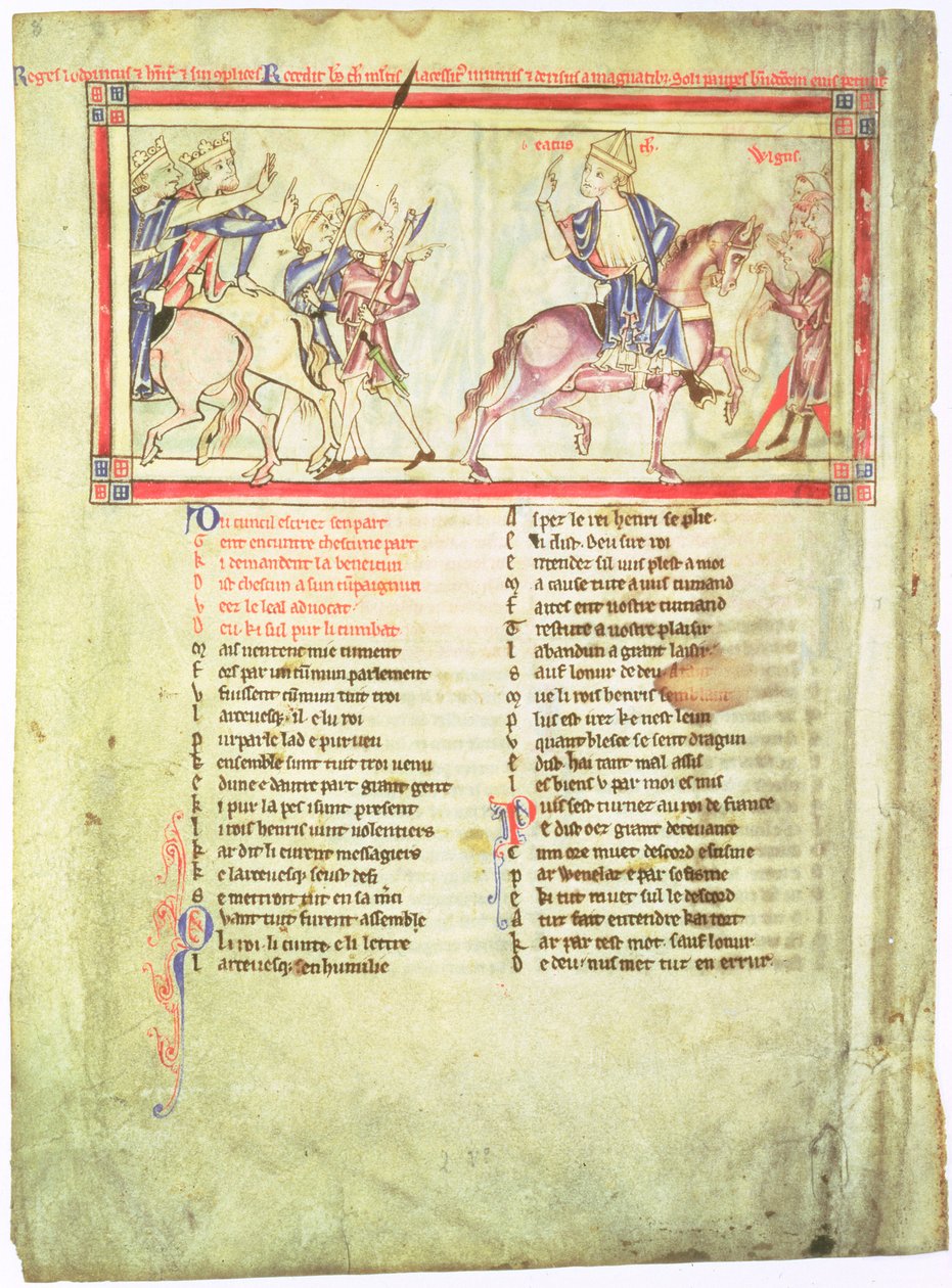 f.2v Thomas a Becket parte do rei Henrique II da Inglaterra e Luís VII da França, após o colapso das negociações em Montmirail e se une ao povo comum, das folhas de Becket, c.1220-40 de English School