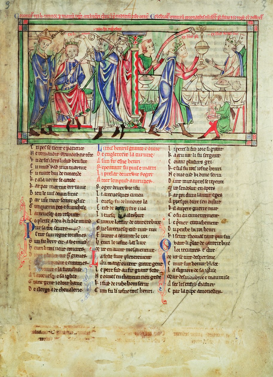 f.3 A coroação do filho do rei Henrique II, também chamado de Henrique, por Roger de Pont l&39;Eveque, arcebispo de York em 1170, de Becket Leaves, c.1220-40 de English School