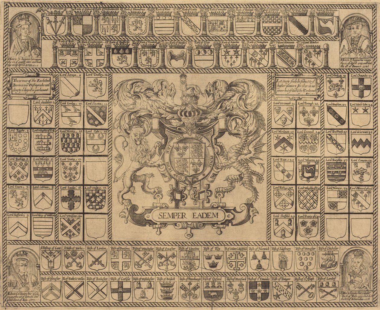 Brasões de armas com retratos de canto de Henrique VII, Henrique VIII, Eduardo VI e Maria de English 16th Century