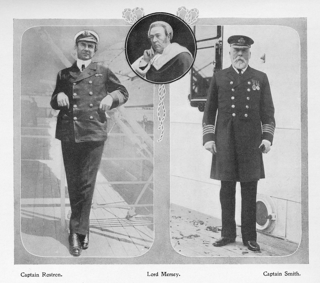 Arthur Henry Rostron, capitão do RMS Carpathia que resgatou os sobreviventes do Titanic (à esquerda), Lord Mersey que liderou a Titanic Commission of Enquiry (centro) e Edward John Smith, capitão do Titanic (à esquerda) de English Photographer