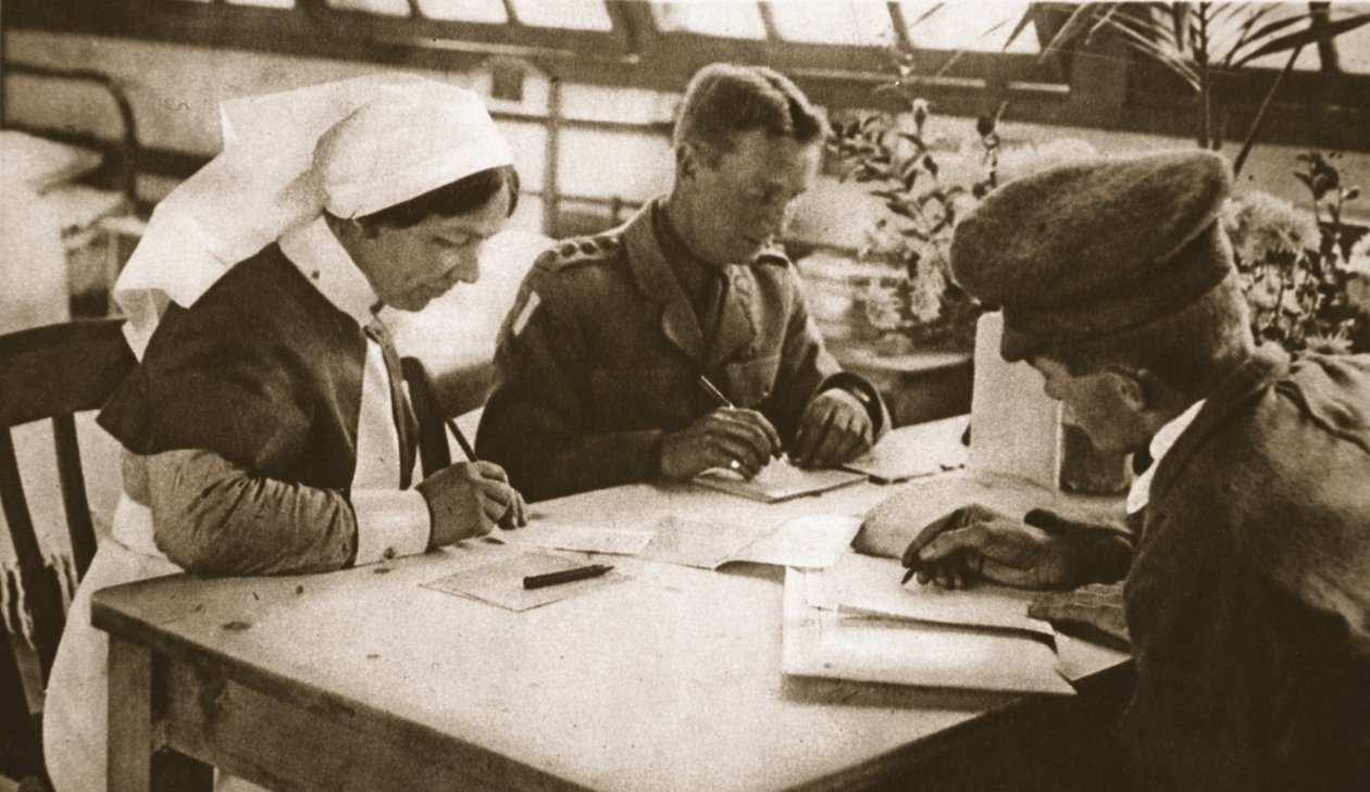 Australianos e recrutamento: Como a votação australiana é feita em um hospital de Londres, ilustração do The Illustrated War News, 25 de outubro de 1916 (foto sépia) de English Photographer