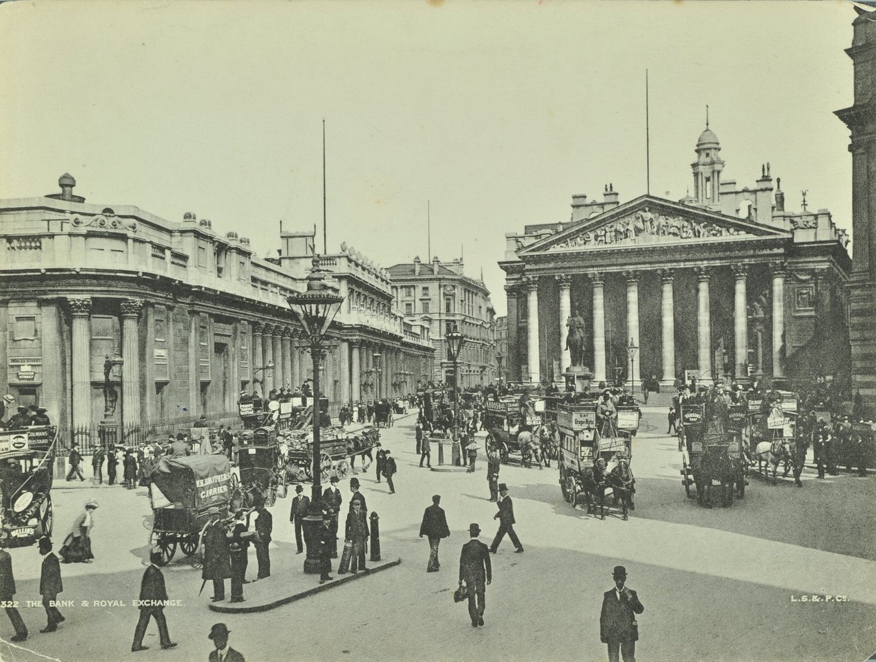 Banco da Inglaterra e Royal Exchange, Threadneedle Street, cidade de Londres, 1890 de English Photographer