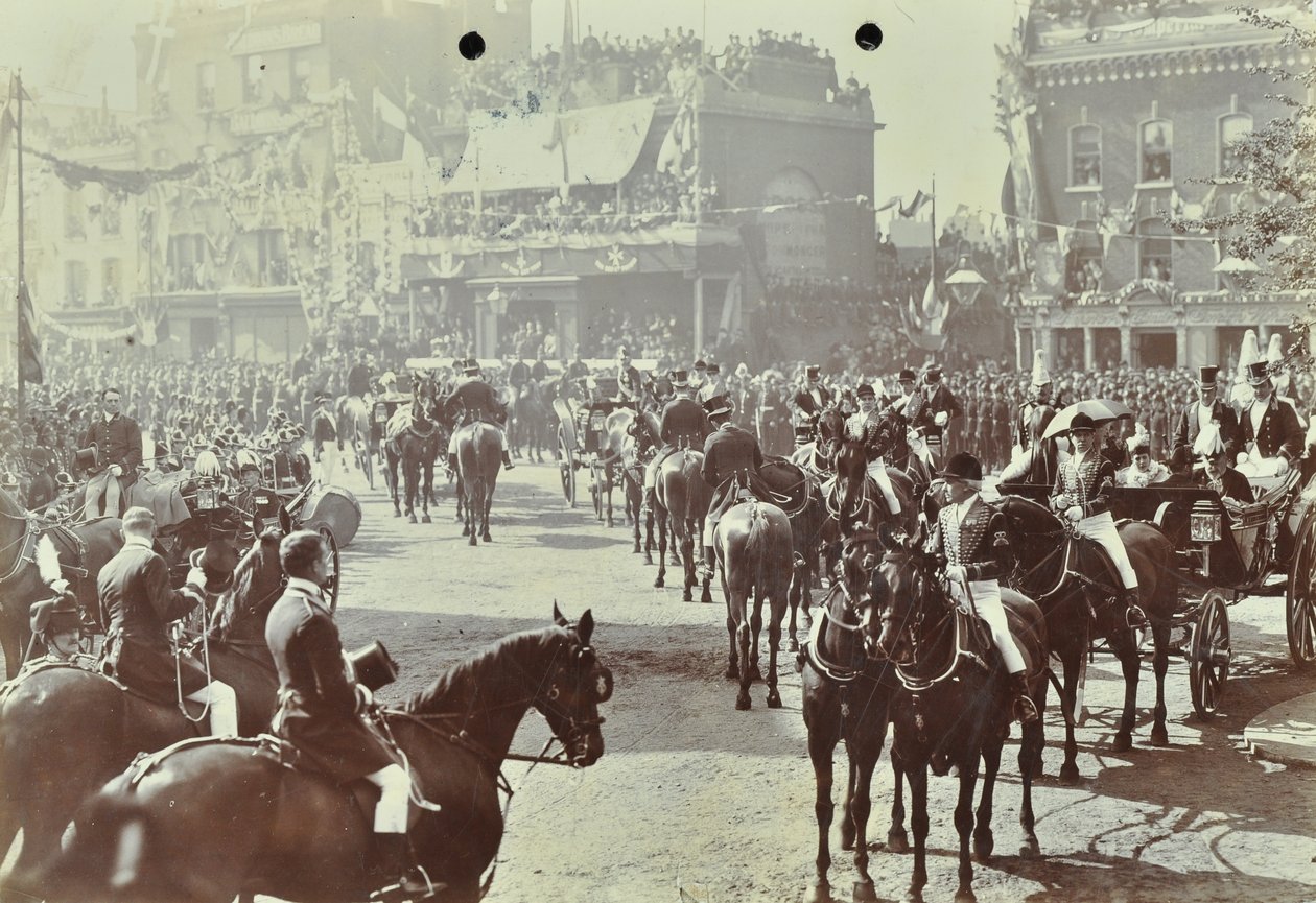 Túnel Blackwall: pagentria como o Príncipe de Gales, mais tarde o Rei Eduardo VII e a Princesa Alexandria assistem à abertura cerimonial do túnel, 1897 de English Photographer