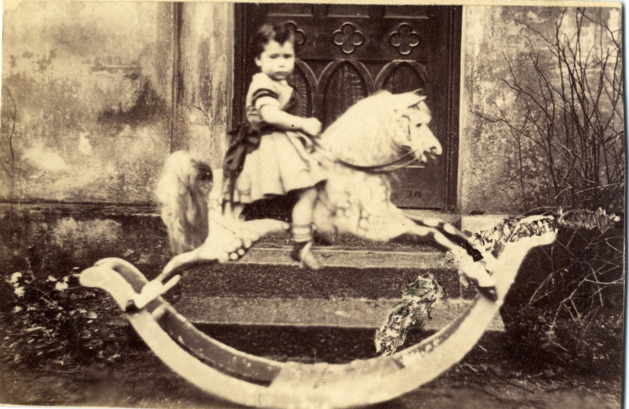Menininha, ligado, um, grande, cavalo balanço, em, um, jardim, 1860s, (albumen, print) de English Photographer