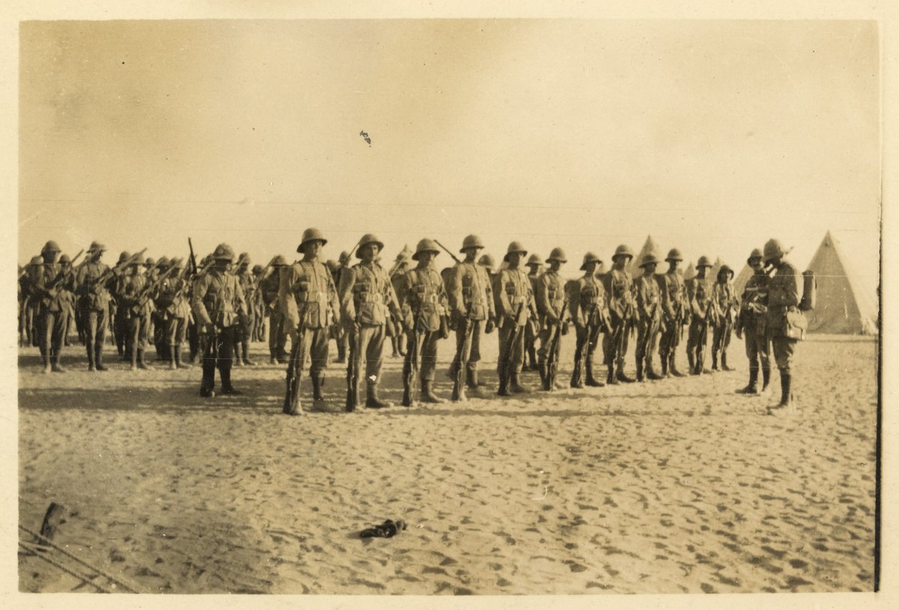 Exibe parte do meu Coy no desfile em Shusha - Deserto da Líbia 6:30am, setembro de 1916 (foto a p/b) de English Photographer