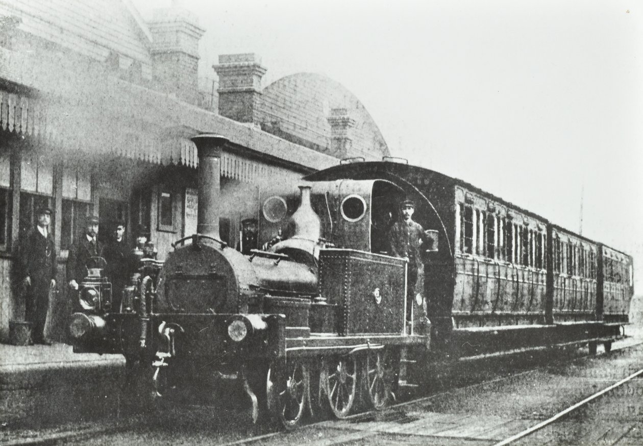 South Dock Station: uma locomotiva de tanques de quatro rodas na estação, 1880 de English Photographer