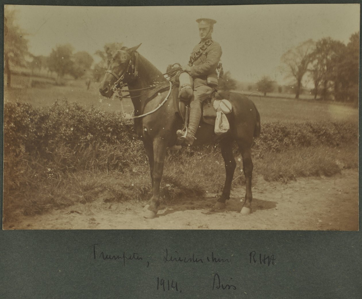 Trompetista da Artilharia Real de Leicestershire Horse em um campo de treinamento em Diss, 1914 de English Photographer