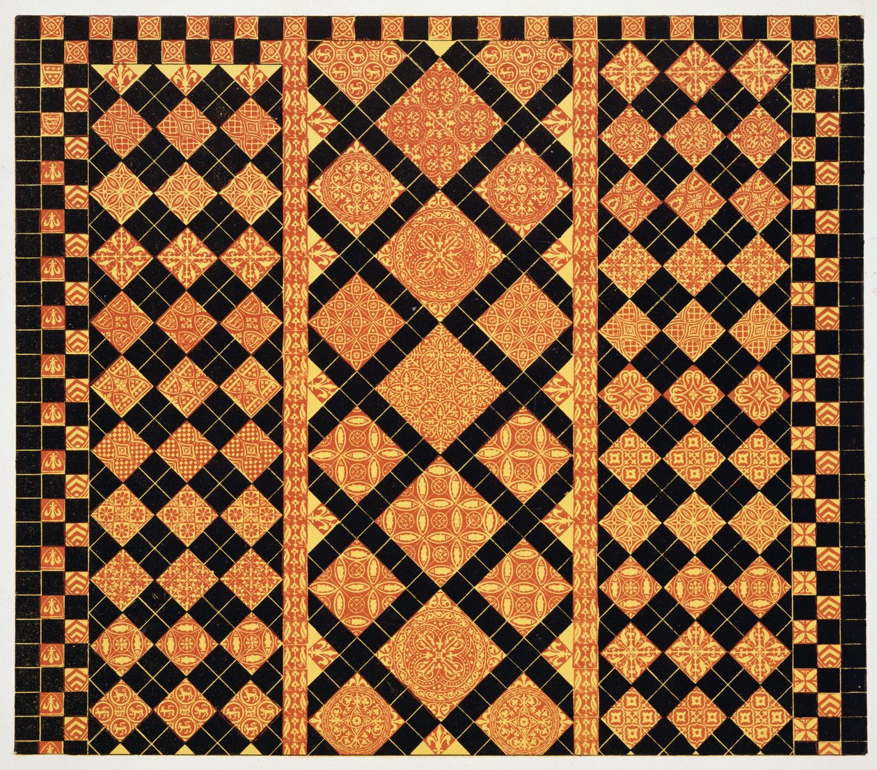 Pavimento do século XIV da Worcester Cathedral Choir School, ilustração de exemplares de pavimentos em azulejo, extraídos de autoridades existentes, de Henry Shaw, 1858 de English School